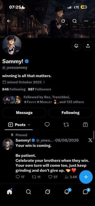 A screenshot of a Twitter/X profile for 'Sammy!' (@_onesammy), verified, with 846 Following and 887 Followers, featuring a pinned post from 08/08/2026 about winning and patience.