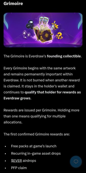 An informational page about Everdraw's 'Grimoire' collectible, listing rewards such as free packs, in-game asset drops, $EVER airdrops, and PFP claim.