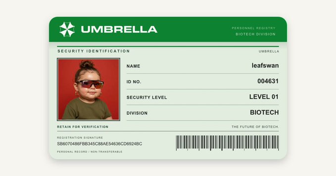 An Umbrella Corporation security identification badge for the Biotech Division showing a photo of a child in sunglasses, with the name 'leafswan', ID No. 004631, Security Level 01, and a registration signature.