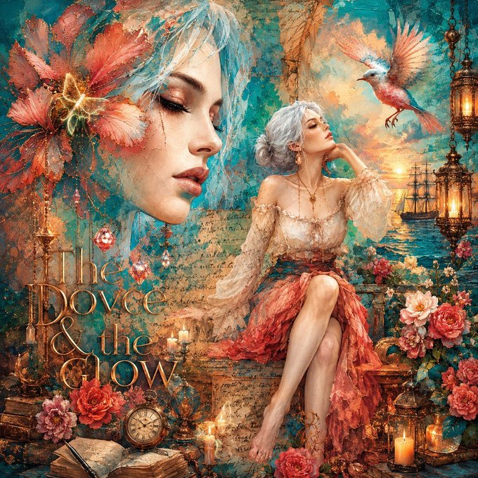 A vibrant, fantasy-style artwork titled 'The Dove & the Glow' features a large woman's face merged with a seated silver-haired woman in a lush, colorful setting with flowers, lanterns, and a flying bird.
