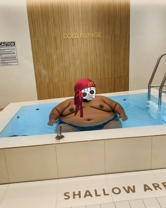 A shirtless figure wearing a McDonald's bandana takes a cold plunge in a pool beneath a "COLD PLUNGE" sign and "SHALLOW AREA" floor text. The post humorously lists crypto usernames the author wants to "consume" before a bull run, playing on the McDonald's branding and the "red-bandana beach body" meme aesthetic.