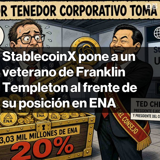 A political cartoon with Spanish text overlay reading 'StablecoinX pone a un veterano de Franklin Templeton al frente de su posición en ENA', showing figures and a treasure chest labeled '3.03 MIL MILLONES DE ENA 20%'.