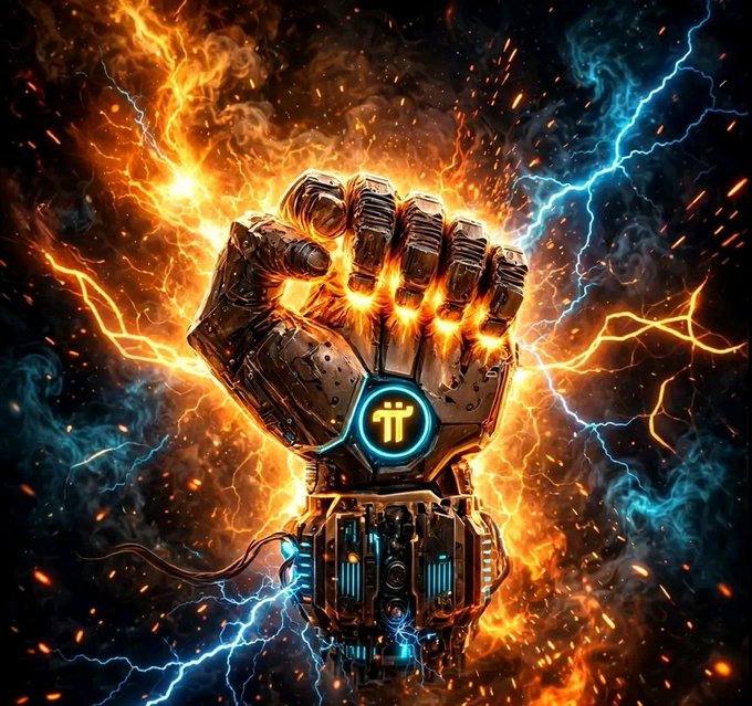 A robotic gauntlet clenched in a fiery fist crackles with orange and electric blue lightning, its wrist bearing the Pi symbol (π). The image embodies the power of emerging tech, visually representing the transition from Web3 to AI-driven Web4, tokenization, and the on-chain "Internet of Value" championed by Pi Network.