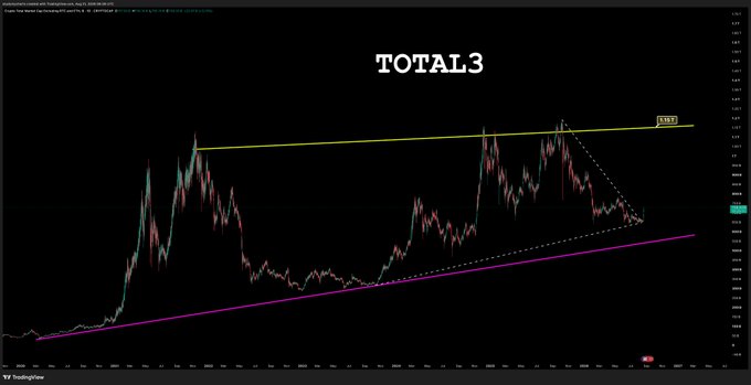 A financial chart labeled 'TOTAL3' showing cryptocurrency market performance with candlestick patterns and trendlines on a dark background.