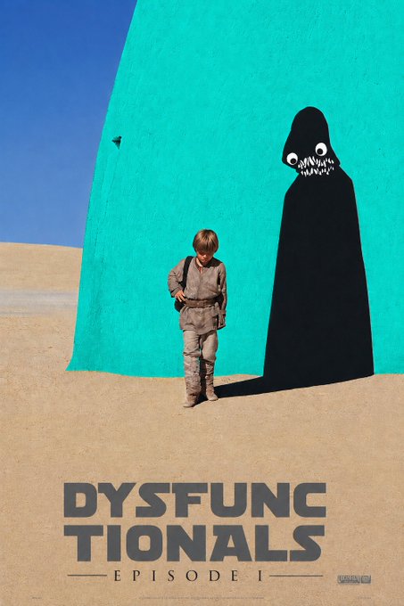 A movie poster for 'DYSFUNCTIONAL EPISODE I' depicting a child standing next to a tall, black, toothy monster shadow against a turquoise wall.