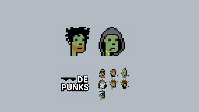Pixel art graphic displaying green-skinned zombie-style 'DE PUNKS' characters and the CryptoPunks logo on a gray background.