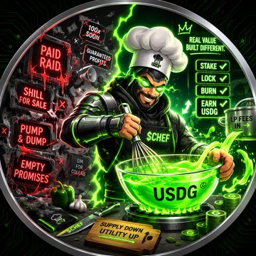 A crypto meme coin image labeled 'USDG' depicting a green-hooded character with a chef hat whisking a glowing green bowl, surrounded by labels like 'PAID RAID,' 'SHILL FOR SALE,' 'PUMP & DUMP,' 'EMPTY PROMISES,' '100x SOON,' and 'SUPPLY DOWN UTILITY UP.'