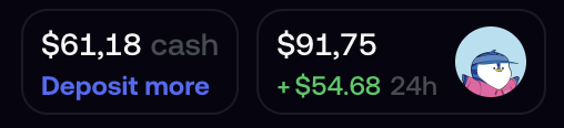 A digital widget displaying a cash balance of '$61.18 cash' and an account value of '$91.75' with a 24-hour gain of '+$54.68', featuring a small penguin avatar.