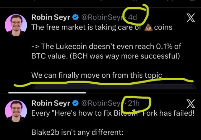 Two X posts by Robin Seyr (@RobinSeyr) discussing cryptocurrency; the first says 'The free market is taking care of 💩 coins -> The Lukecoin doesn't even reach 0.1% of BTC value' with yellow highlights, and the second mentions 'Every "Here's how to fix Bitcoin" Fork has failed!'.