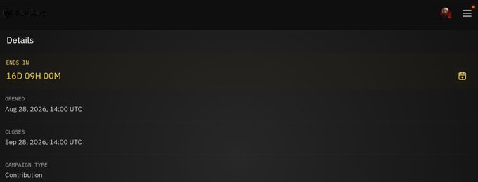 A dark-themed interface showing campaign details with an 'ENDS IN' countdown of '160 09H 00M', opened on Aug 28, 2026, and a campaign type of 'Contribution'.