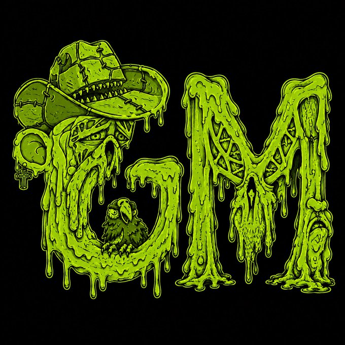 A horror-style graphic with dripping green slime forming the letters 'GM', featuring a spooky character wearing a cowboy hat and a small raven, with an eyeball and cross necklace on the left side.
