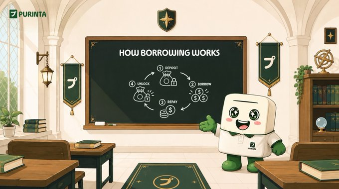 A cheerful white Purinta mascot character stands in a medieval-style classroom, gesturing toward a chalkboard that displays a 4-step "HOW BORROWING WORKS" cycle: "1 UNLOCK," "2 BORROW," "3 REPAY," and "4 DEPOSIT," illustrated with money bag and coin icons, visually breaking down the platform's lending process to match the post's explanation of borrowing against memecoin holdings without selling them.