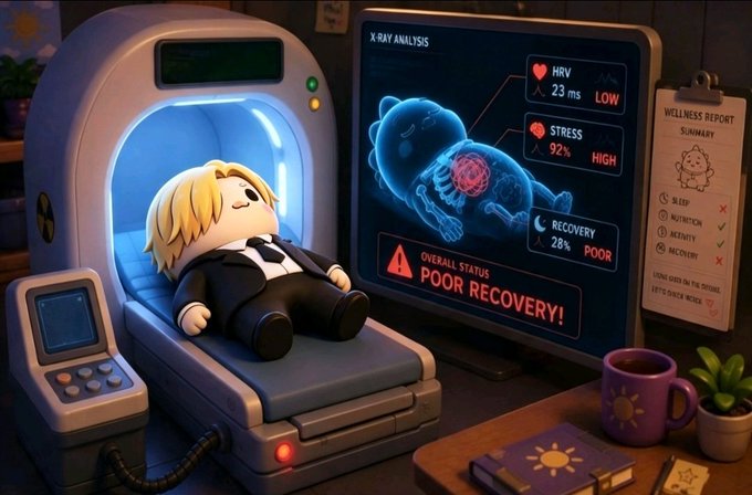 A plush character in a tuxedo rests inside an X-ray scanning machine displaying health metrics: "HRV 23 ms LOW," "STRESS 92% HIGH," and "RECOVERY 28% POOR," with a bold warning reading "POOR RECOVERY!" The image visually reinforces the post's theme of monetized sleep health data, showing the character literally being scanned and analyzed—much like users whose nightly sleep data fuels the growing sleep-tech economy.