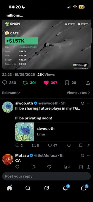 A screenshot of a social media feed showing a trading post for GMGN token CATE at +$157K (+667.54%), followed by replies from users siwoo.eth and SolMufasa.
