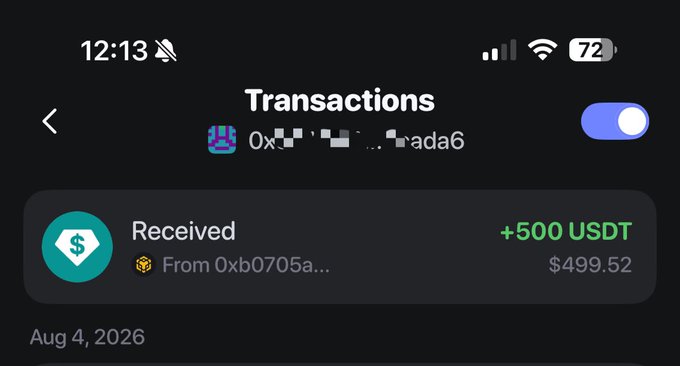 A mobile screenshot of a cryptocurrency wallet's transaction history showing a received payment of +500 USDT (valued at $499.52) from address 0xb0705a... on Aug 4, 2026, confirming the poster's receipt of payment for web3 work.