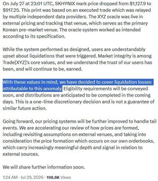 A text post dated July 29, 2026 about a Skyhynix (SK Hynix) market price drop from $1,127.9 to $917.25, with a highlighted note stating they have decided to cover liquidation losses attributable to this anomaly.