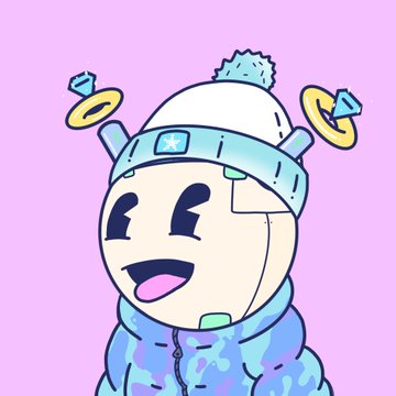 A cartoon illustration of a cheerful character wearing a white beanie with a star emblem and a blue and purple camouflage hoodie, with floating halo-like ring icons around their head.