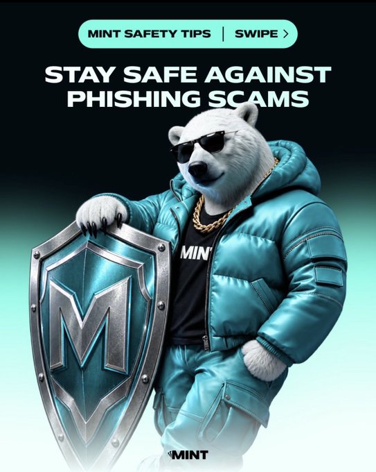 A Mint safety tips graphic featuring a polar bear in sunglasses and a teal puffer jacket holding a shield with the 'M' logo, warning to 'STAY SAFE AGAINST PHISHING SCAMS'.