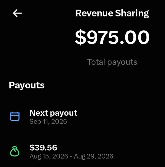 A screenshot of a Revenue Sharing dashboard showing $975.00 in total payouts, with a $39.56 payout from Aug 15-29, 2026 displayed as the amount being given away in a comment-based giveaway contest.