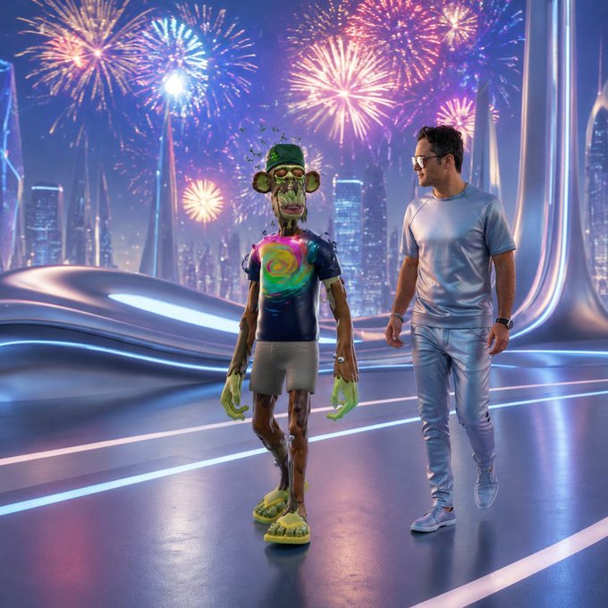 A surreal 3D-rendered scene shows a man in a silver outfit walking alongside a tall, zombie-like character wearing a green hat and tie-dye shirt in a futuristic cityscape illuminated by spectacular fireworks.