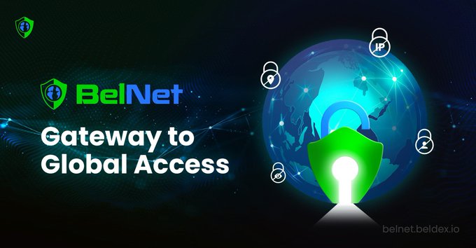 Promotional graphic for BelNet with a green shield logo, a glowing keyhole over a globe, and the text 'Gateway to Global Access' along with the URL belnet.beldex.io.
