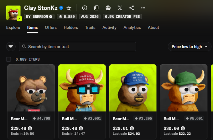 A screenshot of the Clay StonKz NFT marketplace by BRRBON showing various bear and bull figurines with prices around $29-30.