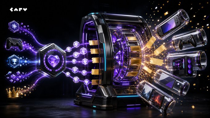A futuristic CARV-branded slot machine dispenses gaming devices, consoles, and crown rewards as glowing purple gems flow into it, visualizing how GEM earned across CARV play can be exchanged in the shop for prizes at play.carv.io/shop/all.