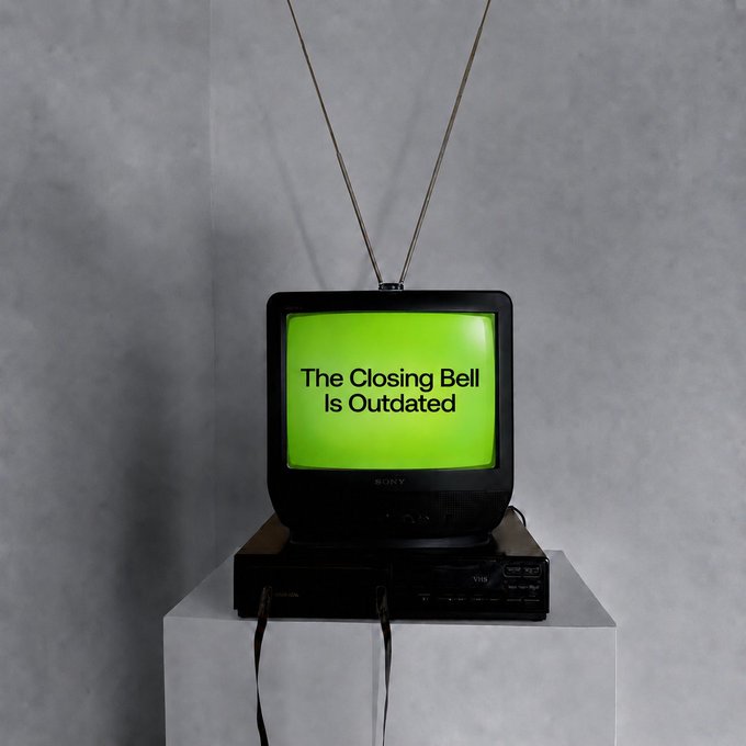 A vintage Sony CRT television with rabbit ear antennas displays the text "The Closing Bell Is Outdated" in black letters on a bright green screen, sitting atop a black media device on a white pedestal. The image reinforces the post's message about onchain markets by symbolizing the obsolescence of traditional stock market hours and the shift toward 24/7 access to tokenized stocks through digital wallets.