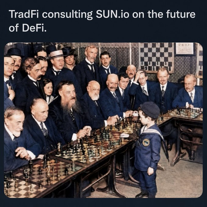 A meme image titled 'TradFi consulting SUN.io on the future of DeFi.' featuring a vintage painting of men playing chess with a small boy in the center.