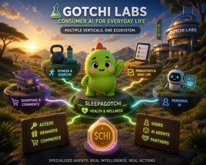 A promotional image for 'GOTCHI LABS', a 'Consumer AI for Everyday Life' ecosystem, showcasing various services like Fitness, Productivity, Shopping, and Personal AI centered around 'SLEEPAGOTCHI'.