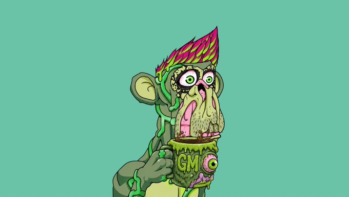 A grotesque cartoon zombie monkey with pink spiky hair, wide green eyes, and green slime dripping from its body, holding a container labeled 'GM' against a teal background.