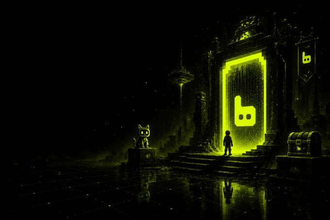 A silhouetted figure stands before a glowing green portal marked with a stylized "b" logo, flanked by a treasure chest and a small character statue in a dark, atmospheric chamber. The "b" emblem and treasure chest imagery directly tie to the post's promotion of limited-edition "Bapp" NFTs, reinforcing the message of scarcity and early-access rewards.
