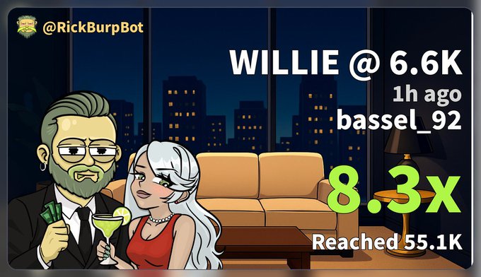A promotional graphic for "@RickBurpBot" showing cartoon figures of a bearded man and white-haired woman in a suit and red dress enjoying cocktails on a couch, with text highlighting "WILLIE @ 6.6K 1h ago bassel_92" achieving an "8.3X" gain to "Reached 55.1K," referencing the trading success tied to the pump contract address and Telegram link in the post.