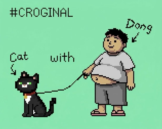 A pixel art meme on a green background with the hashtag '#CROGINAL', depicting a black cat on a leash labeled 'Cat' and a chubby character labeled 'Dong' with the text 'with' between them.