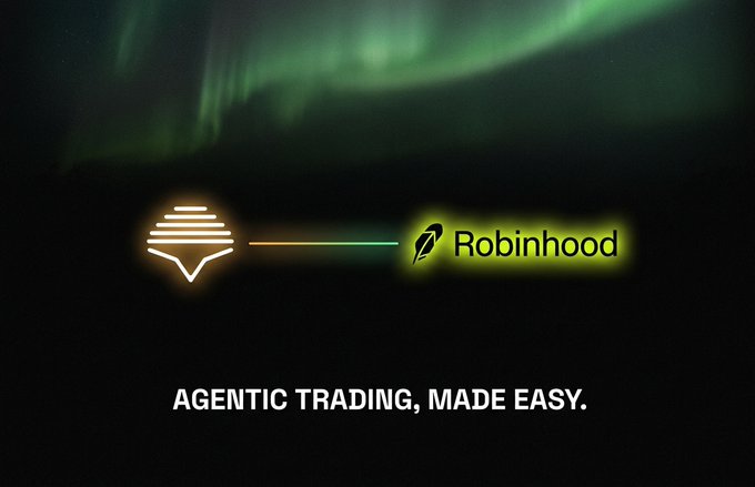 A dark promotional graphic with aurora borealis showing a lantern icon connected to the Robinhood logo with text reading "AGENTIC TRADING, MADE EASY."