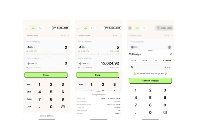 A three-panel mockup of a cryptocurrency swap interface showing ETH to USDC transactions, including swap details, gas fees, and a slippage confirmation screen.
