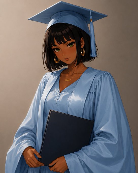 An anime-style digital illustration of a young woman with short black hair and green eyes, wearing a light blue graduation cap and gown while holding a black diploma folder.