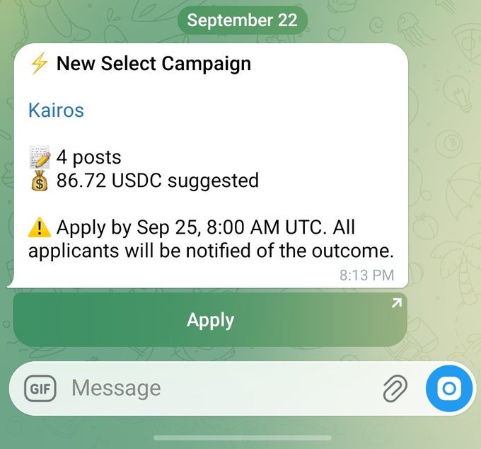Mobile notification for a new Kairós Select Campaign offering 86.72 USDC for 4 posts, with an application deadline of September 25 at 8:00 AM UTC.