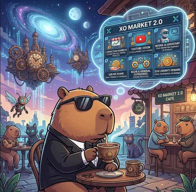 A cool capybara in sunglasses sips coffee at the "XO Market 2.0 Cafe" beneath floating futuristic castles, while a holographic display highlights features like "Conviction Markets," "YouTube Vision," "Modra AI Assistant," "$20 Fee Share," "Niche & General Categories," and "$1M Liquidity Reward."

The image visually reinforces the post's message by depicting the capybara as a savvy, trend-aware investor calmly observing emerging blockchain innovations—particularly prediction markets ("XO Market 2.0")—symbolizing how staying current with new platforms and revenue opportunities, rather than passively holding altcoins, is the path to profitability.