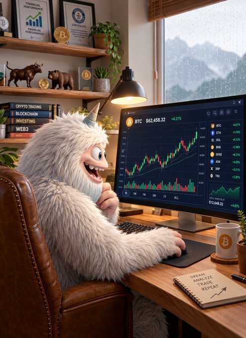 An AI-generated image depicts a fluffy white yeti-like creature wearing a party hat, sitting at a desk analyzing a Bitcoin (BTC) trading chart showing $62,458.32 (+4.21%), surrounded by books on crypto trading and bullish bear figurines.