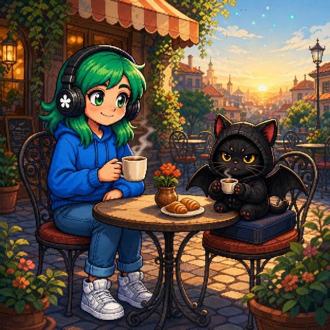 An anime-style illustration of a green-haired girl wearing headphones and a blue hoodie sitting at a café table with a small black winged cat-like creature, both holding coffee cups with croissants on the table.