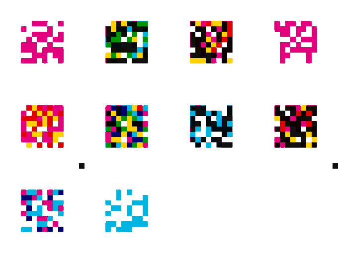 A grid displaying ten pixelated, abstract square graphics in various vibrant color combinations, mostly featuring pink, yellow, black, and blue tones.