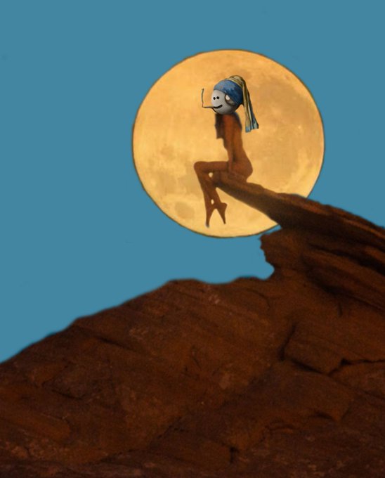 A long, thin animated figure wearing a blue drooping hat sits on a rocky outcrop against a large glowing full moon. The whimsical, melancholy scene echoes the post's "gn everyone" message, evoking a lonely nighttime moment as the character stares off into the distance.