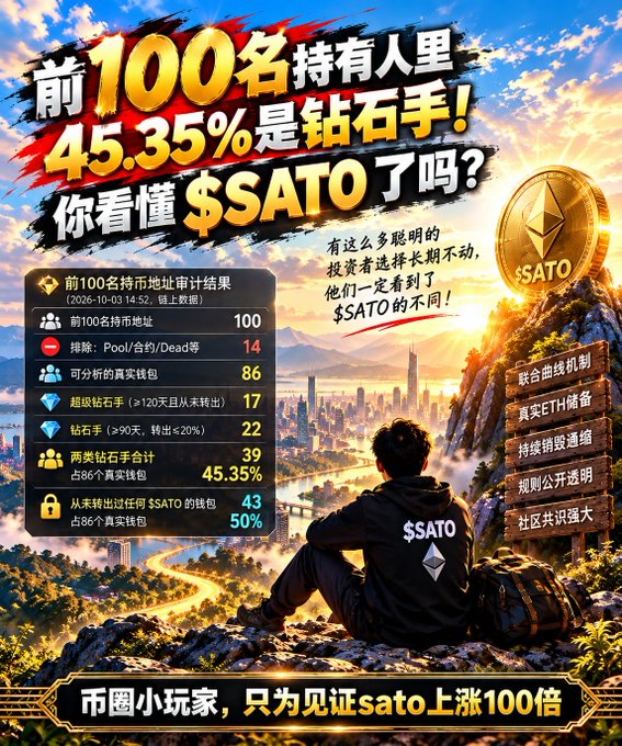 A promotional graphic for '$SATO' cryptocurrency featuring a person sitting on a mountain overlooking a city, with Chinese text claiming 45.35% of top 100 holders are diamond hands and statistics on holder behaviors.