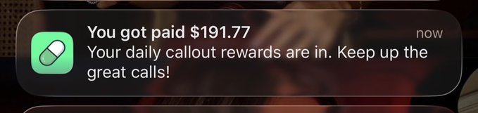 A smartphone notification reads "You got paid $191.73 from Callout," with a follow-up message stating "You got paid $213.50 — Daily callout rewards 🎉 You've been crushing it. Keep it up!" The post celebrates receiving a "callooor stimmy" payout, connecting the image to the user's excitement about earning daily callout rewards on their pumpfun app.