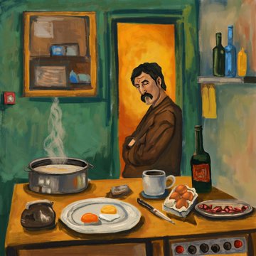 A painting of a man with a mustache standing in a kitchen doorway with arms crossed, observing a steaming pot, coffee cup, plate with egg, and various food items on a counter.