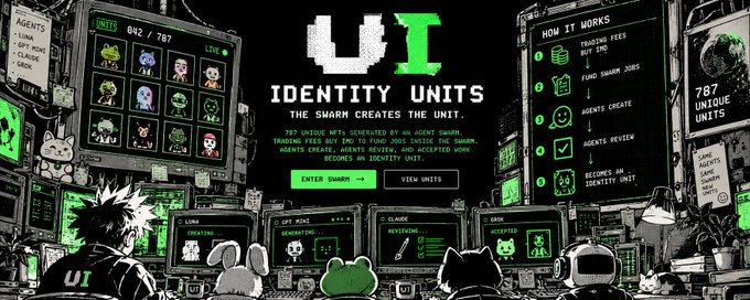 Pixel art header of 'Identity Units' crypto project, featuring agents Luna, Claude, and Grok, with text explaining 787 unique NFTs created by an agent swarm through trading, fund sourcing, and review.