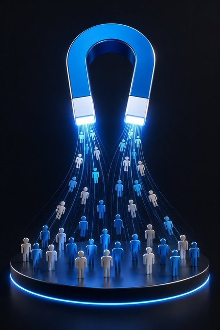 A digital illustration of a glowing blue horseshoe magnet attracting streams of small blue and white human figures toward its poles.