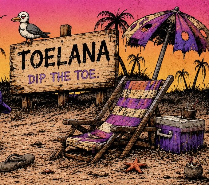 Illustrated beach scene with a wooden sign reading 'TOELANA - DIP THE TOE.', a striped beach chair, umbrella, seagull, starfish, and a coconut drink at sunset.