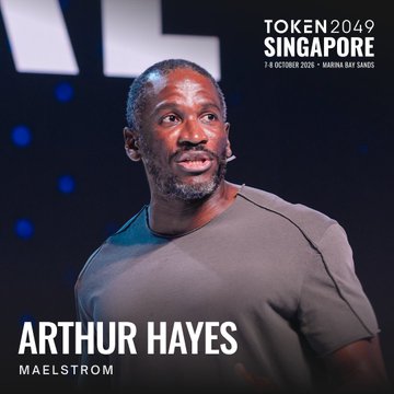 A Token 2049 Singapore promotional image (7-8 October 2026, Marina Bay Sands) featuring Arthur Hayes from Maelstrom.